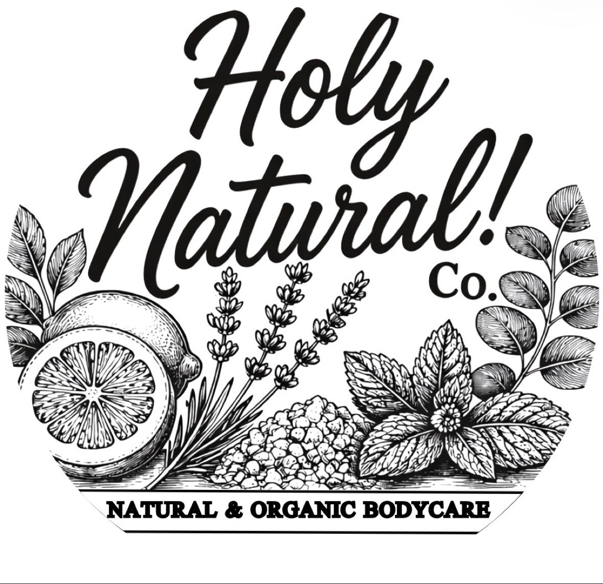 Holy Natural! Co. illustrated botanical logo with lemon, lavender and mint
